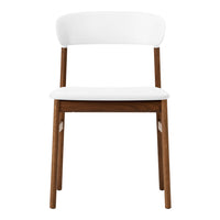 White upholstered chair with a smooth, minimalist design and sturdy walnut wood legs.