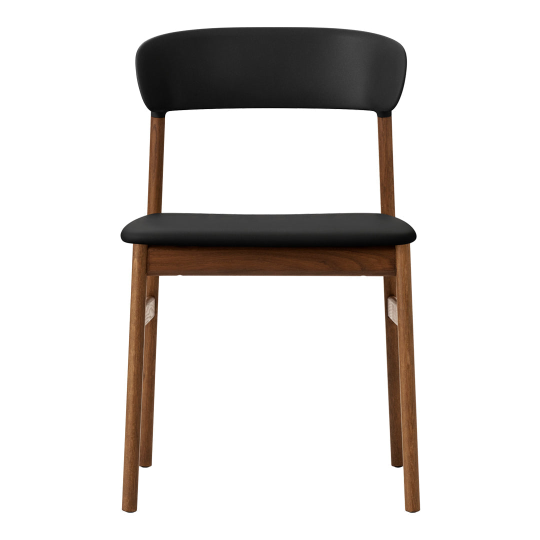 Black upholstered chair with a sleek wooden frame in natural finish, showcasing a minimalist design.