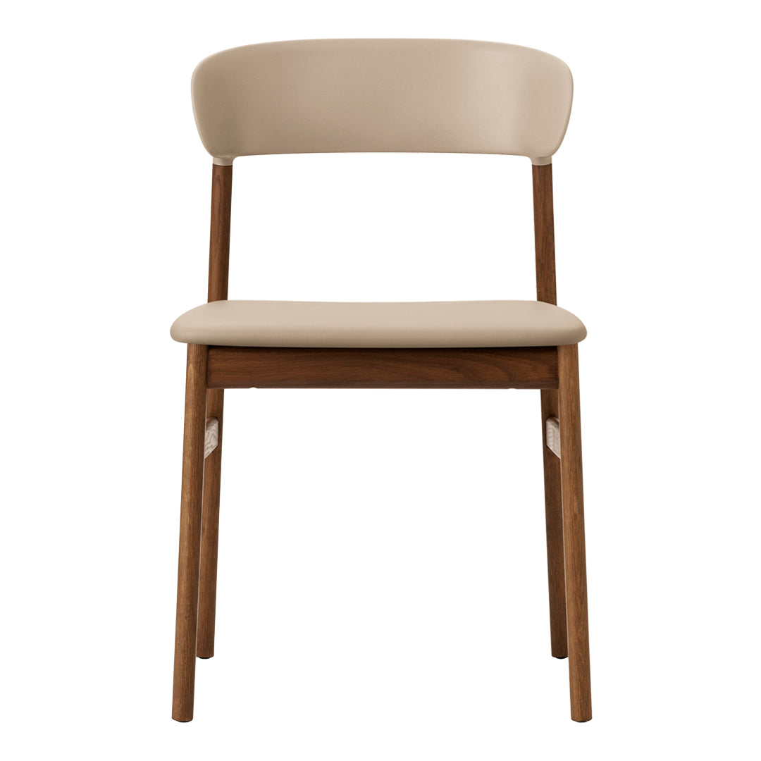 Beige padded chair with a smooth, minimalist design and natural wood legs, perfect for modern decor.