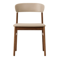 Beige padded chair with a smooth, minimalist design and natural wood legs, perfect for modern decor.