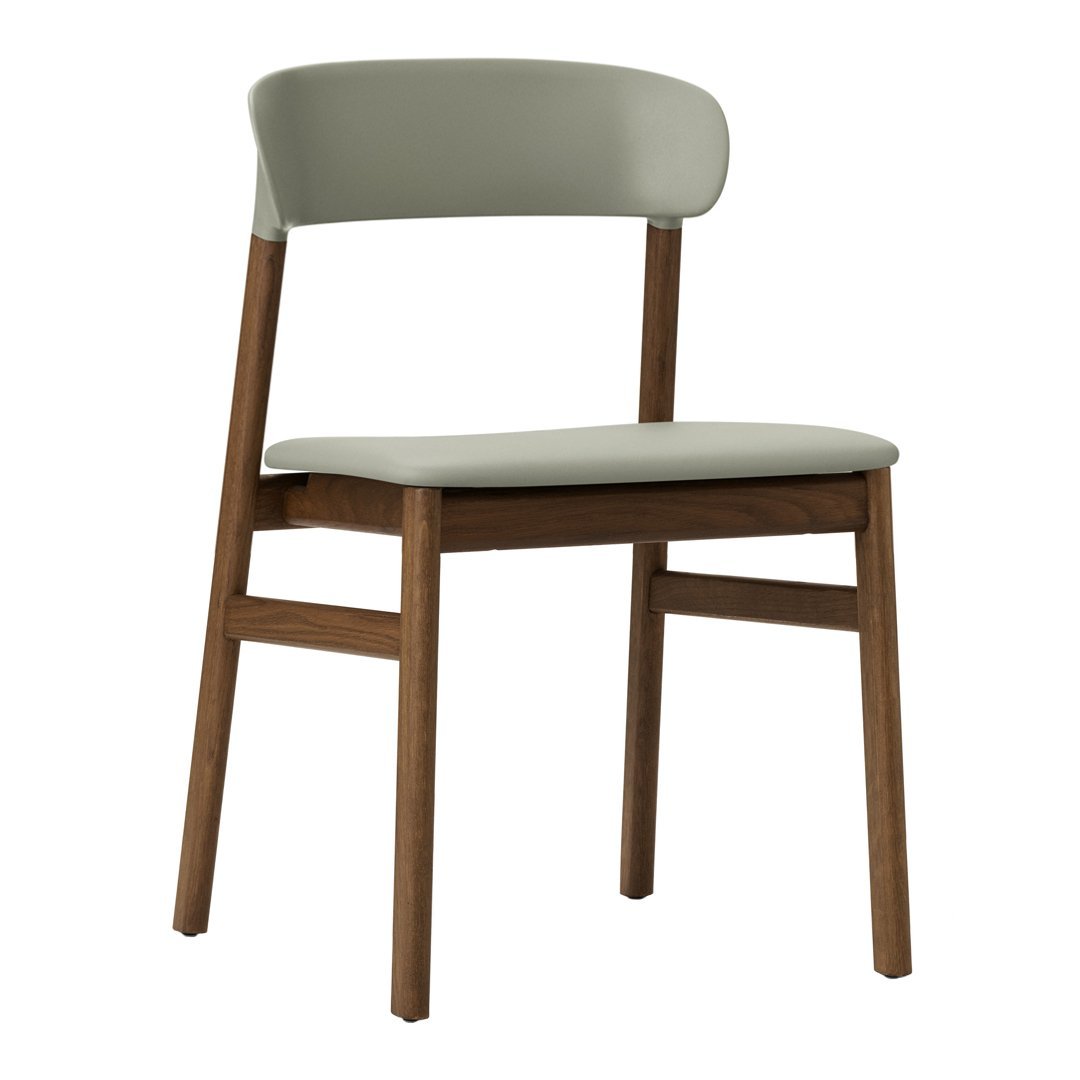 "Modern chair with a soft gray seat and backrest, complemented by a rich wooden frame."