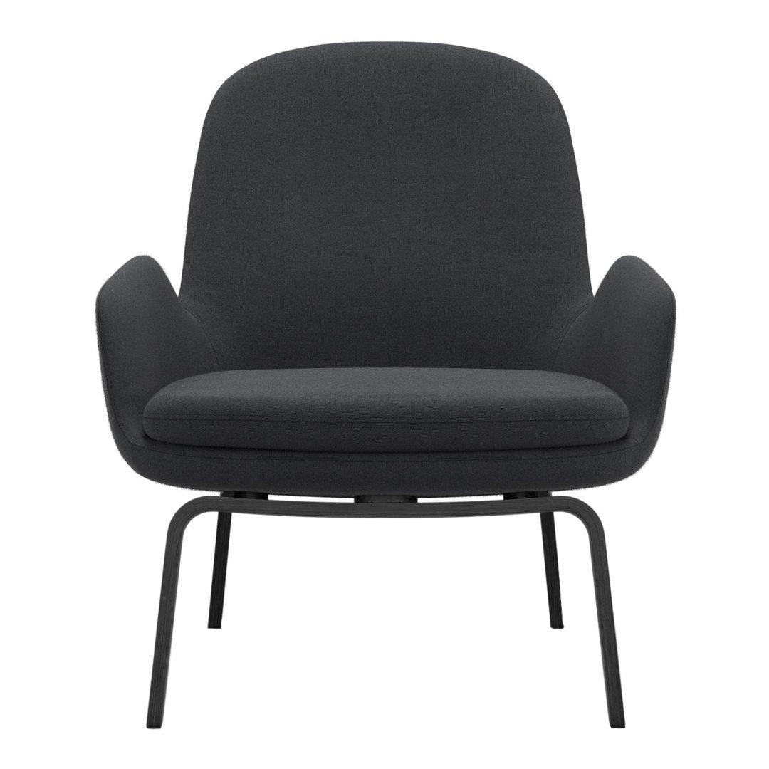 Modern grey upholstered armchair with a sleek black metal frame, featuring a minimalist design.