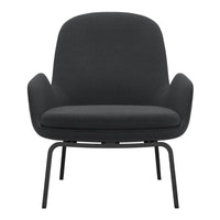 Modern grey upholstered armchair with a sleek black metal frame, featuring a minimalist design.