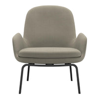 Light gray fabric armchair with smooth, modern curves and minimalist black metal legs.