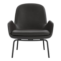 Sleek black leather armchair with smooth, minimalist design and subtle curved shape, secured on a matte black frame.