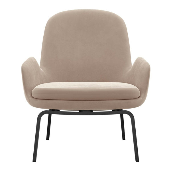 Soft beige upholstered chair with smooth, minimalist design and black metal legs. Ideal for modern decor.