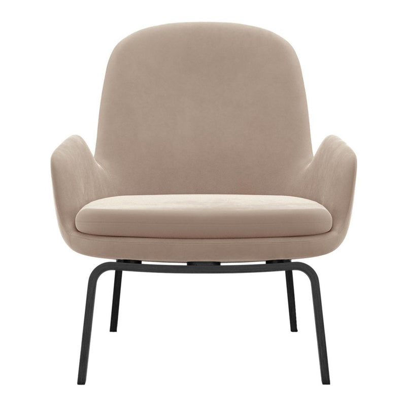 Soft beige upholstered chair with smooth, minimalist design and black metal legs. Ideal for modern decor.