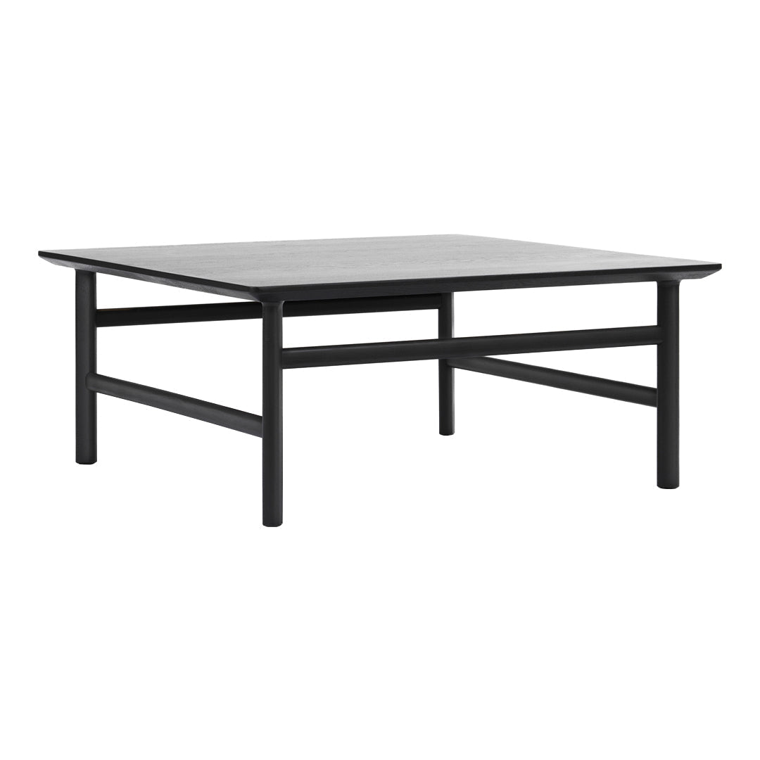 Square coffee table with a sleek black frame and grey tabletop, perfect for modern and minimalist decor.