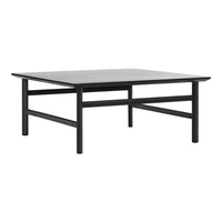 Square coffee table with a sleek black frame and grey tabletop, perfect for modern and minimalist decor.