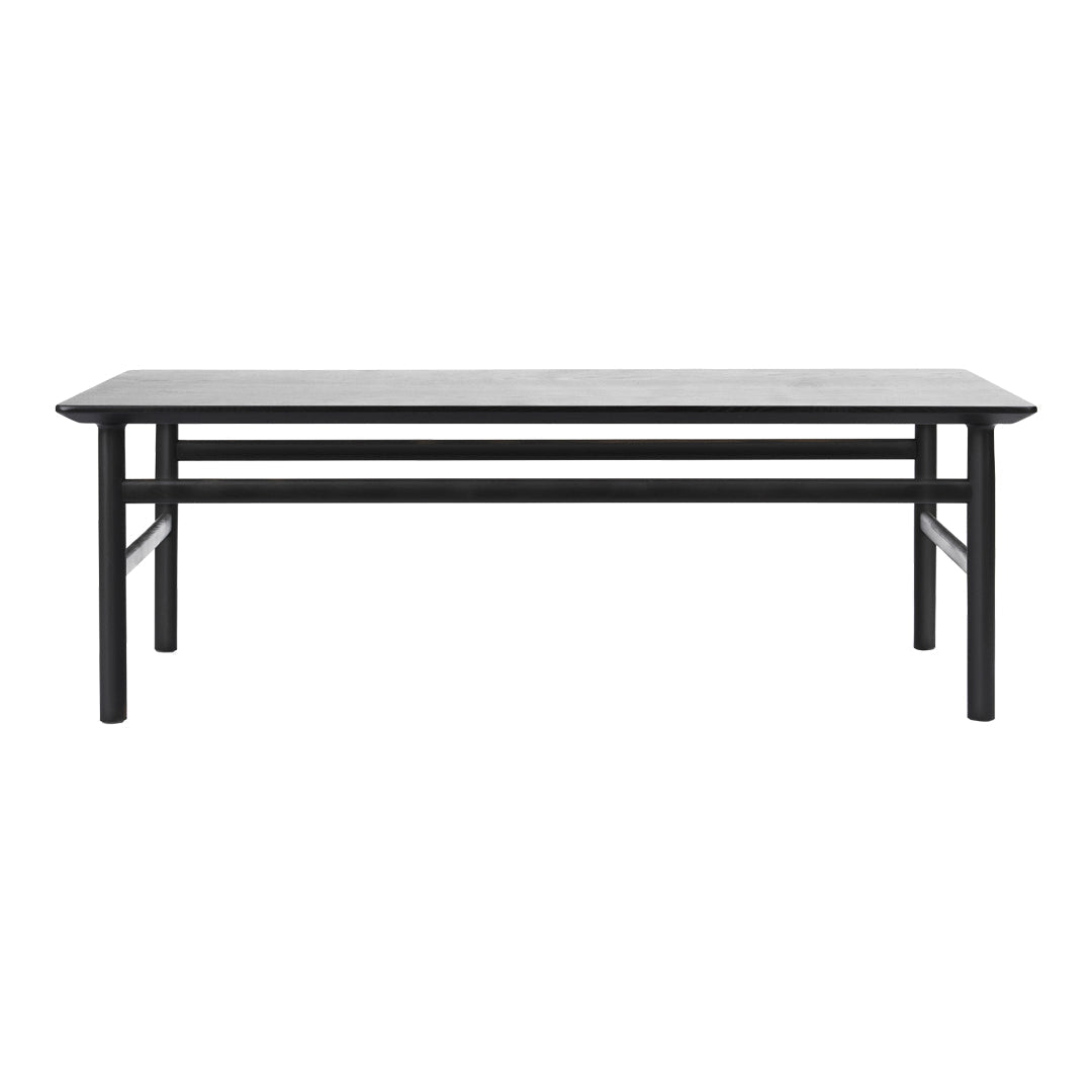Black metal coffee table with a sleek rectangular design and smooth gray tabletop. Modern minimalist style.