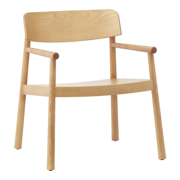 Natural wood chair with a smooth finish, featuring a minimalist design and light beige tones.