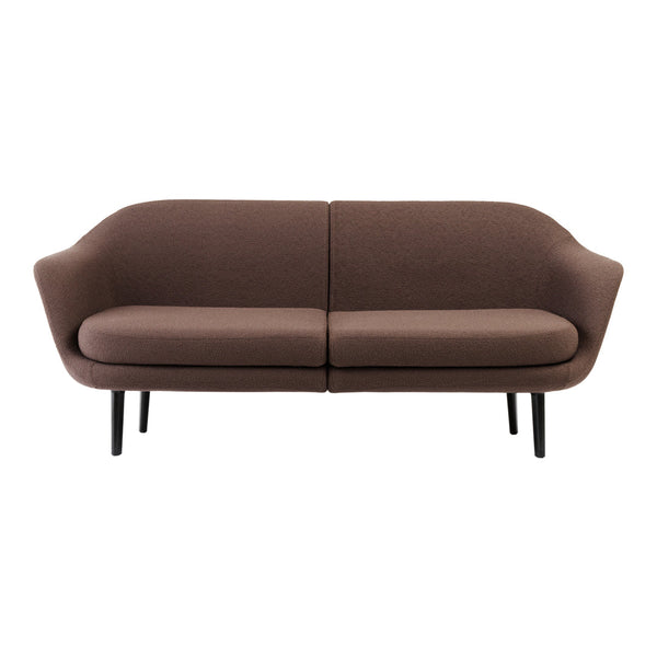 Brown upholstered sofa with sleek curves, featuring a minimalist design and black tapered legs. Ideal for modern decor.