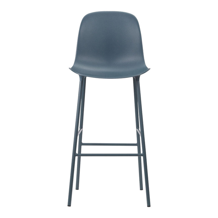 Modern bar stool in solid dark blue with smooth, minimalist design and a sturdy metal base.