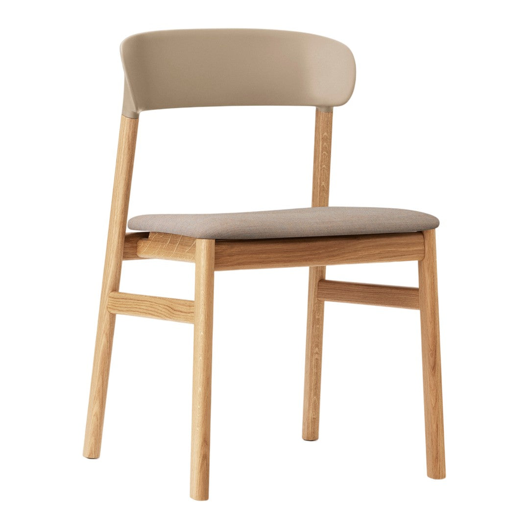 Beige upholstered chair with light brown wooden legs, featuring a sleek, minimalist design. Ideal for modern decor.