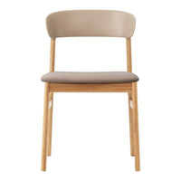 Light beige chair with a cushioned seat and natural wood legs, showcasing a minimalist design and warm neutral tones.