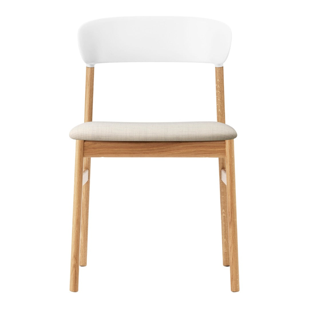 Modern chair with a white backrest, beige fabric seat, and natural wood legs, showcasing minimalistic design and neutral tones.