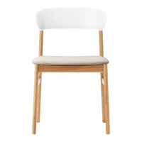 Modern chair with a white backrest, beige fabric seat, and natural wood legs, showcasing minimalistic design and neutral tones.