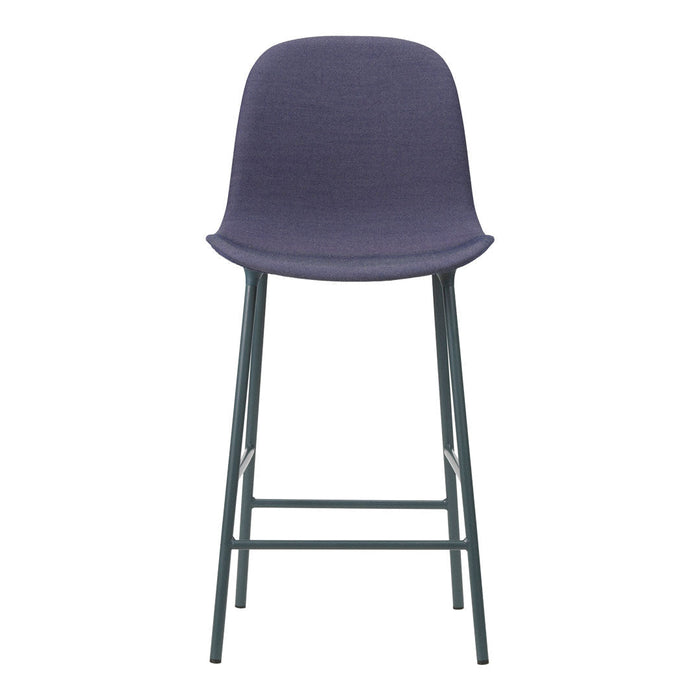 Purple upholstered bar stool with a sleek metal frame, perfect for modern decor.