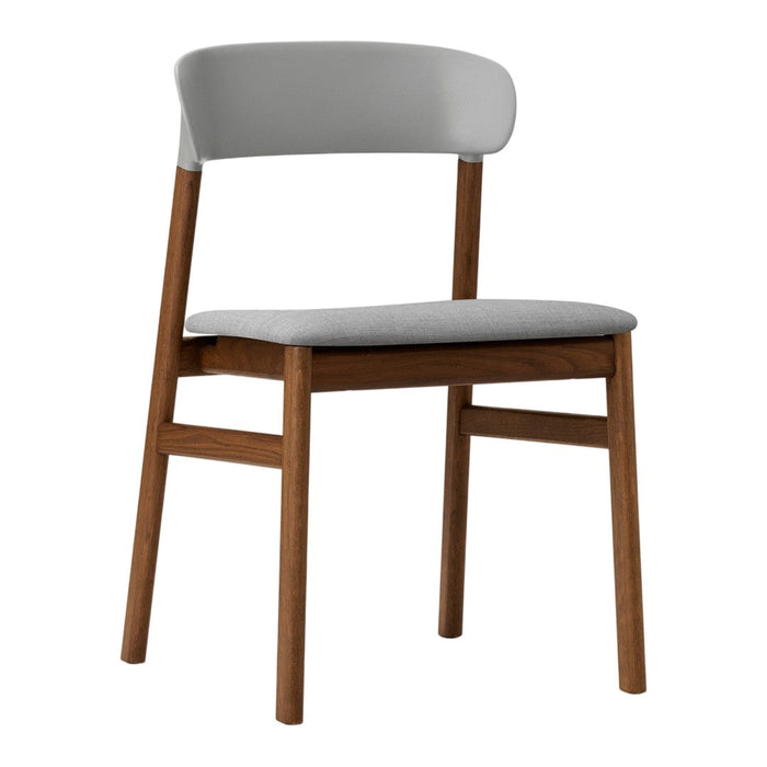 Grey upholstered chair with a wooden frame showcasing a minimalist design and clean lines. Ideal for modern decor.
