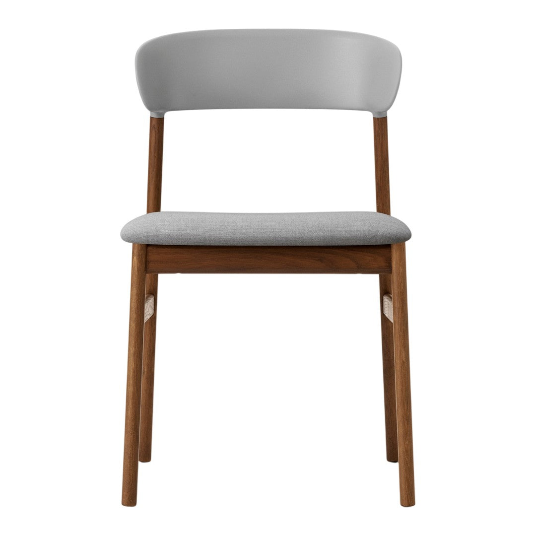 Gray and light gray chair with a wood frame, showcasing a minimalist design and soft upholstery pattern.