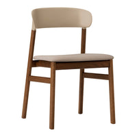 Beige padded seat and backrest with brown wooden legs, featuring a minimalist design and smooth texture.