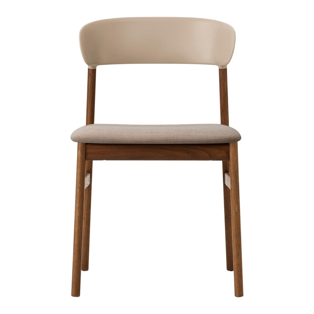 Light beige chair with a smooth, curved back and a soft, upholstered seat, complemented by a warm wooden frame.