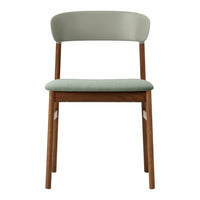 Green upholstered chair with a wooden frame, featuring a minimalist design and soft, muted colors.