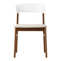Modern wooden chair with a white backrest and beige seat cushion, showcasing a minimalist design.