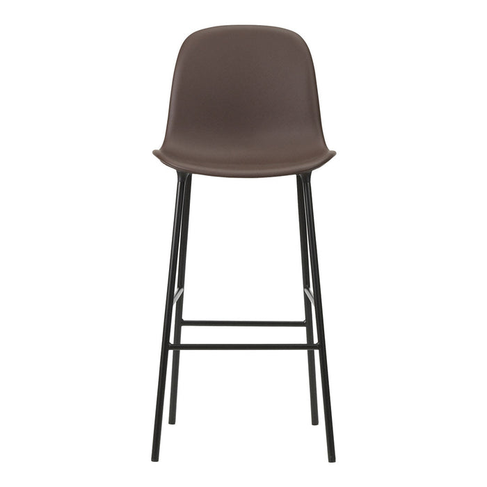 Brown upholstered bar stool with a sleek black metal frame, featuring a minimalist design. Perfect for modern spaces.