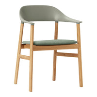 Modern chair with a soft green seat and backrest, complemented by natural wood legs for a stylish contrast.