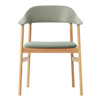 Light green chair with a smooth finish and wooden legs, featuring a minimalist design and soft upholstered seat.