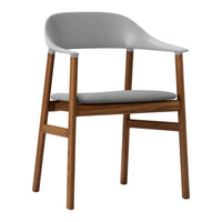 Modern chair featuring a sleek gray seat and backrest with natural wood legs for a stylish, minimalist look.