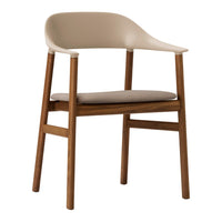 Beige modern chair with a smooth plastic seat and warm wooden legs, featuring a minimalist design.