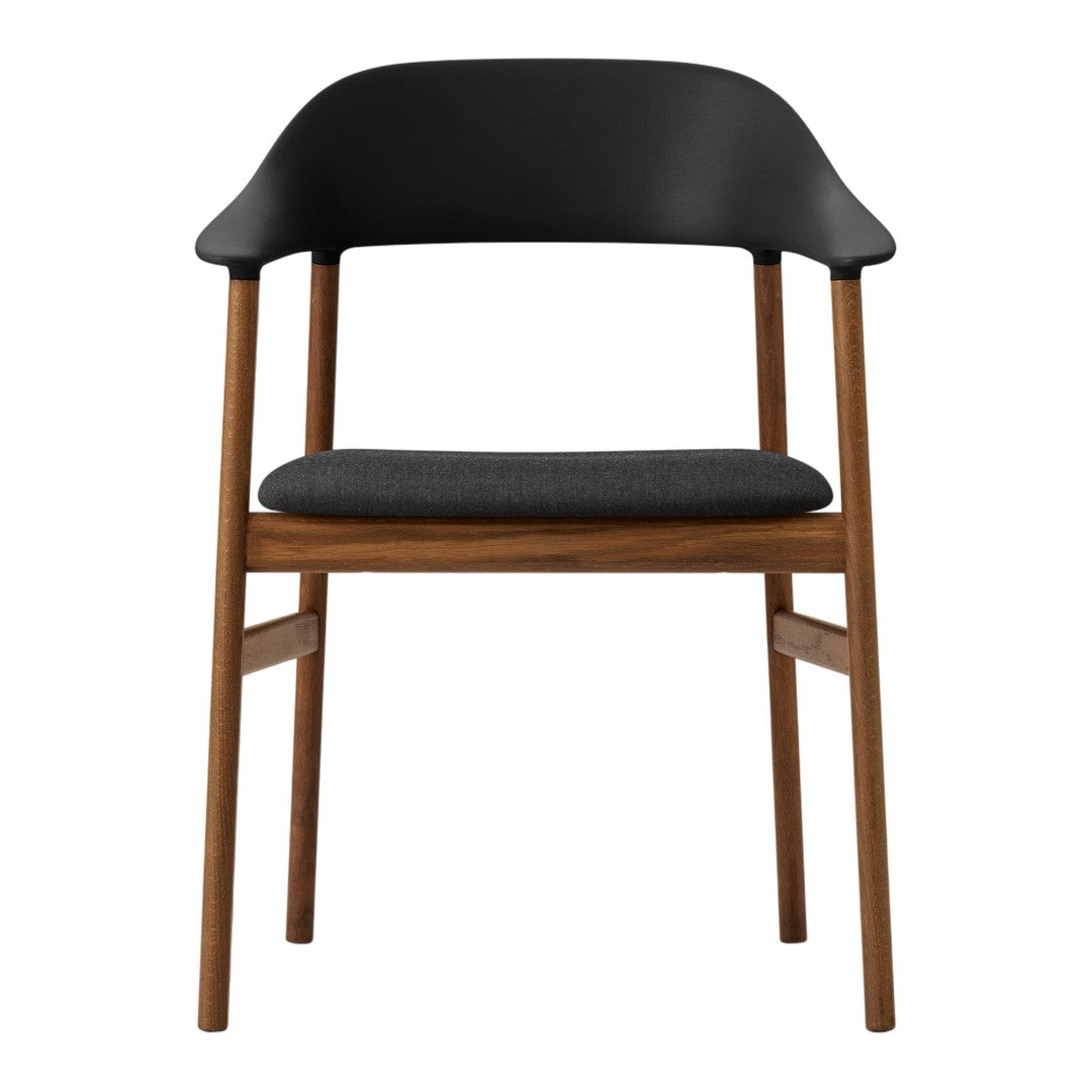Black and gray chair with a smooth plastic seat and a wooden frame, featuring clean lines and modern design.