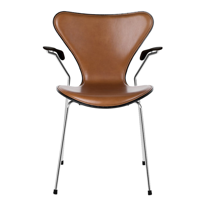 Brown leather chair with a sleek design and chrome legs, featuring smooth curves and minimalist style.