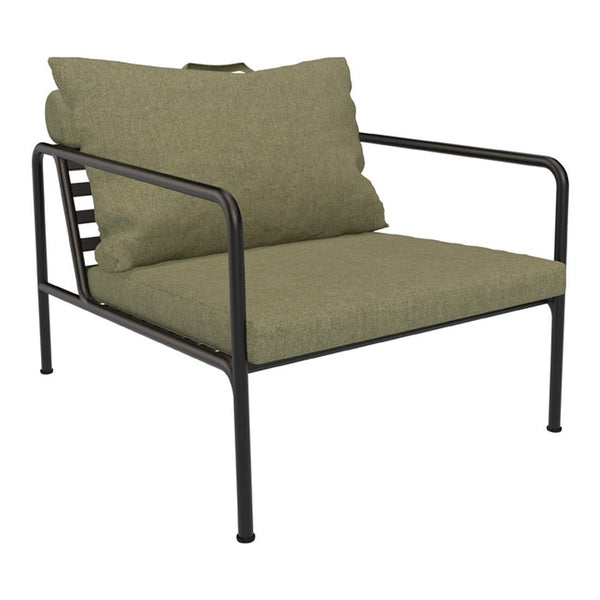 Olive green cushion with textured pattern on a sleek black metal frame lounge chair. Ideal for modern outdoor spaces.