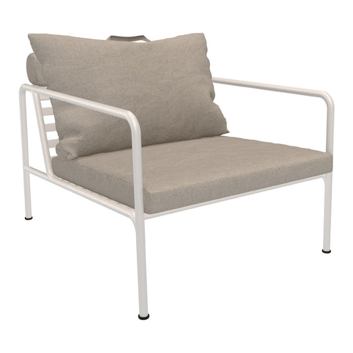 Light beige cushion on a white metal frame armchair with a simple, modern design. Perfect for any outdoor setting.