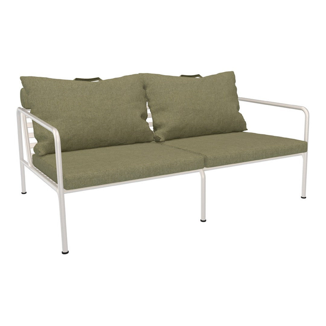 Olive green cushions on a sleek white metal frame, perfect for modern outdoor spaces.