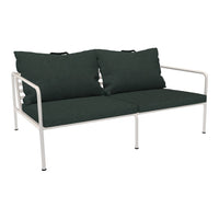 Green fabric cushions on a white metal frame, featuring a sleek, modern design. Perfect for outdoor seating.