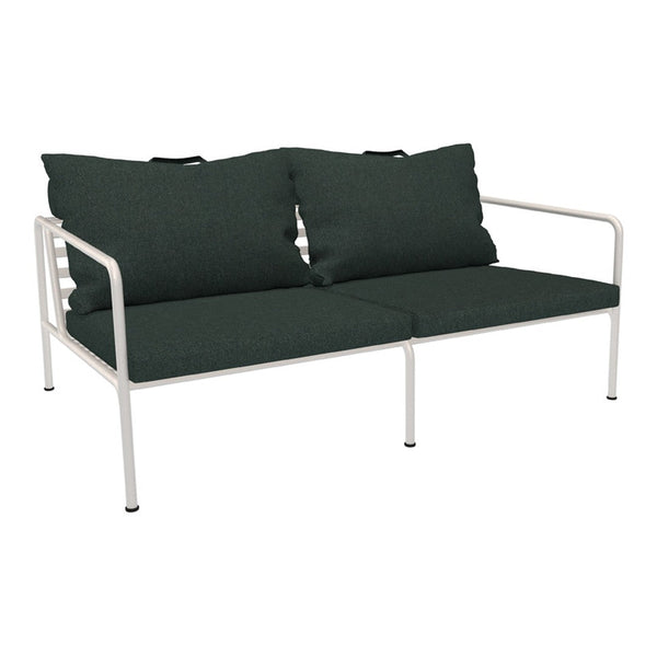Green fabric cushions on a white metal frame, featuring a sleek, modern design. Perfect for outdoor seating.