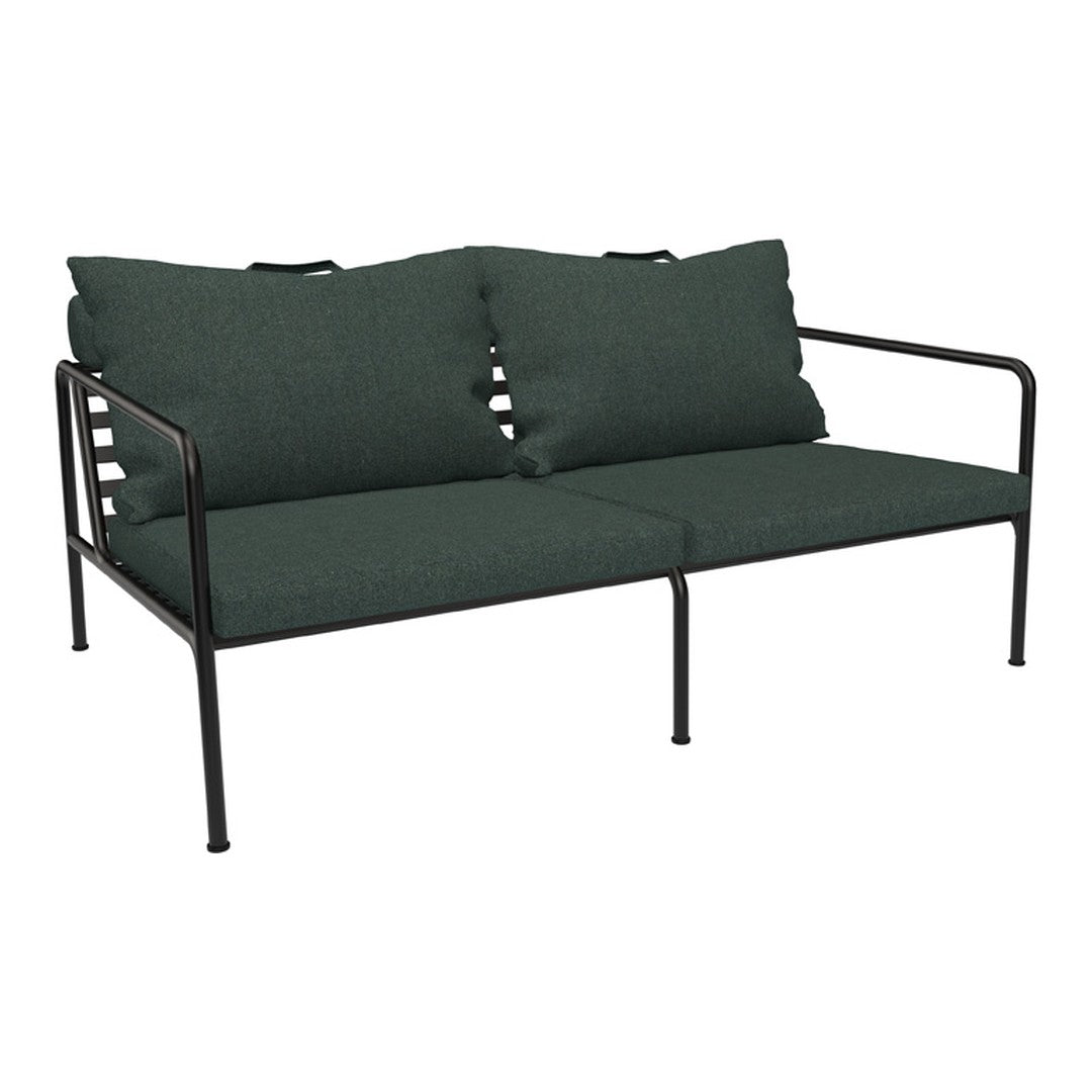 Dark green cushioned loveseat with a modern black metal frame, featuring a simple, contemporary design.