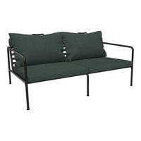 Dark green cushioned loveseat with a modern black metal frame, featuring a simple, contemporary design.