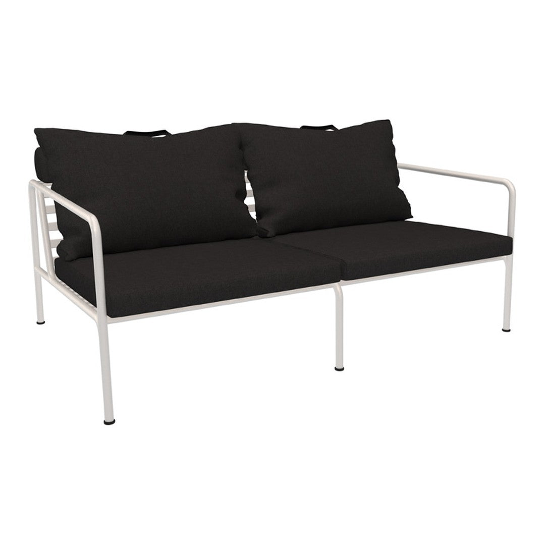 Black fabric cushions on a minimalist white frame, offering a sleek and modern look. Perfect for outdoor or patio decor.