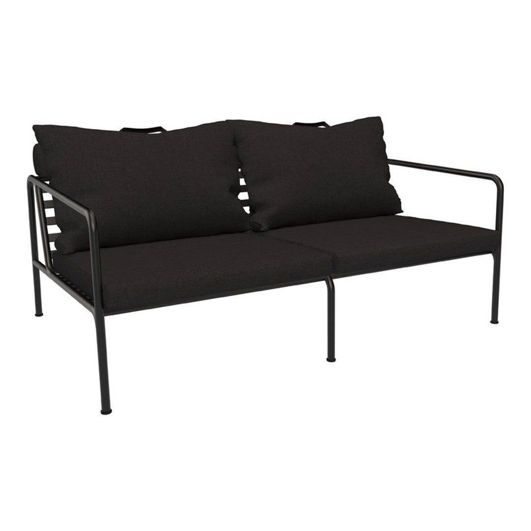 Black metal frame loveseat with plush black cushions, ideal for modern outdoor or patio decor.