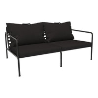 Black metal frame loveseat with plush black cushions, ideal for modern outdoor or patio decor.