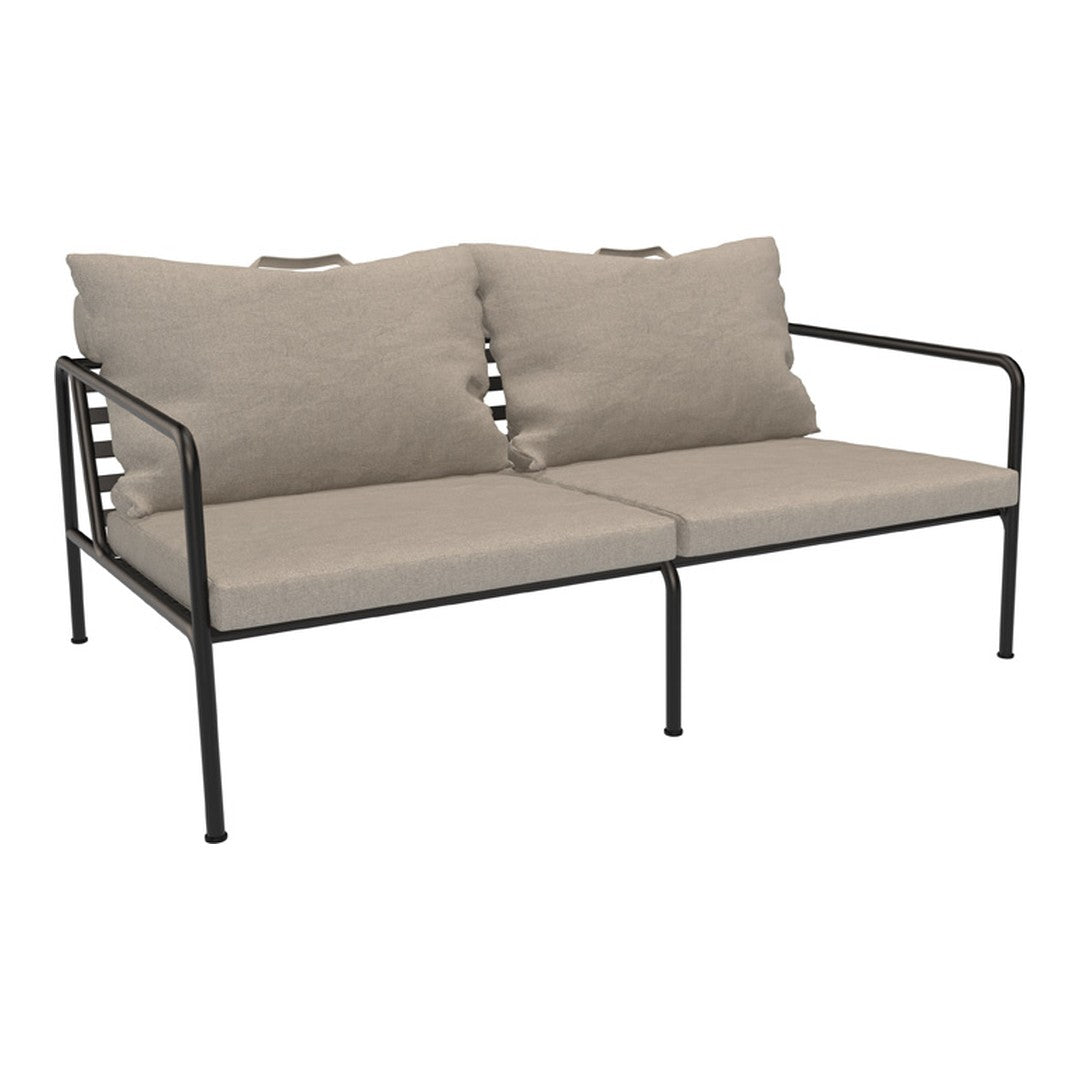Beige cushions with textured fabric on a sleek black metal frame, perfect for contemporary outdoor settings.
