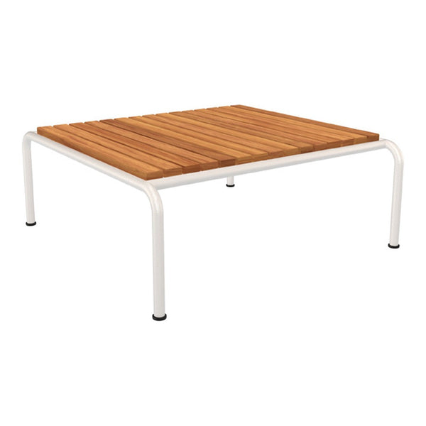 Square table featuring a natural wood slatted top with a white metal frame, offering a modern and stylish design.