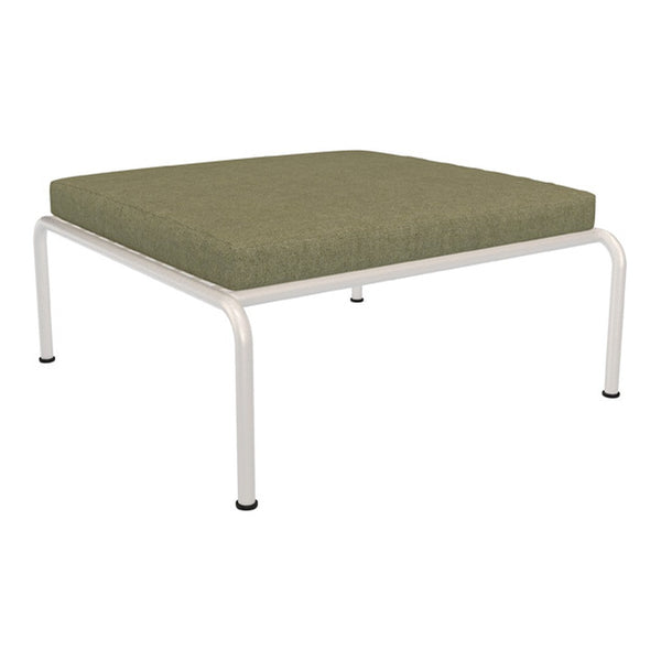 Square outdoor ottoman with a solid olive green cushion and a sleek white metal frame. Perfect for modern decor.