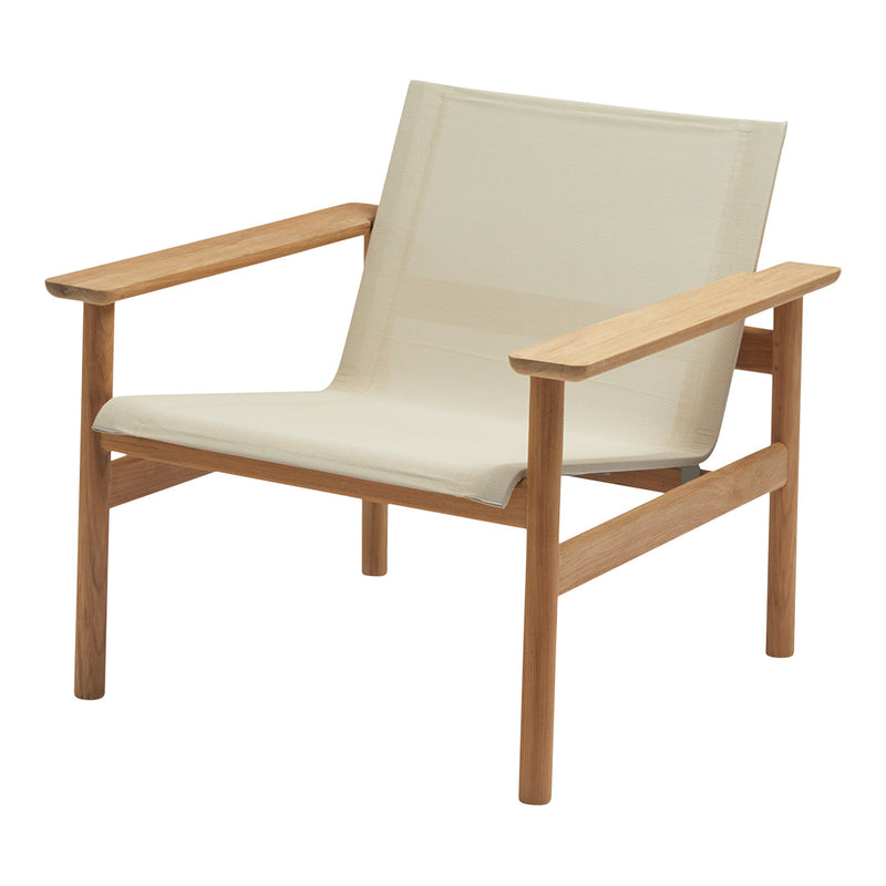 Cream fabric armchair with light wooden frame, featuring a minimalist design and smooth textures. Ideal for modern decor.