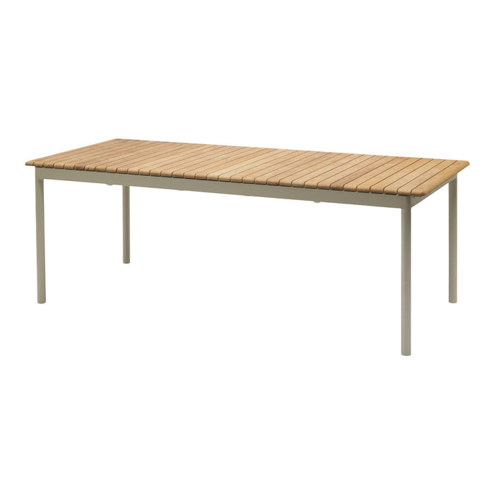 Light wood tabletop with a slatted design, complemented by sleek gray metal legs. Perfect for outdoor dining.